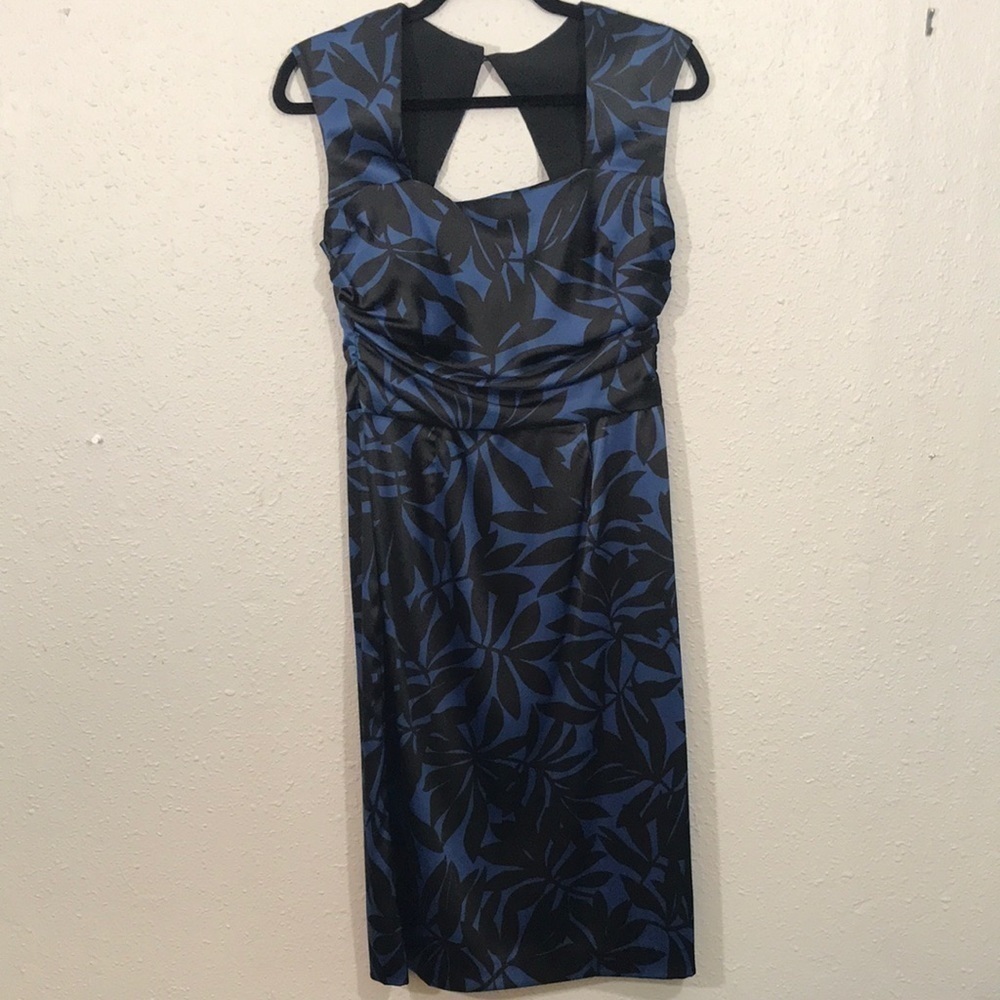 Donna Rocco Blu & Black‎ Floral Sheath Style Open Back Satin Feel Dress size 6